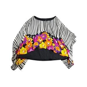 Sara Michelle Blouse Womens 2X Black White Stripe Floral Print Flowy Poncho Top